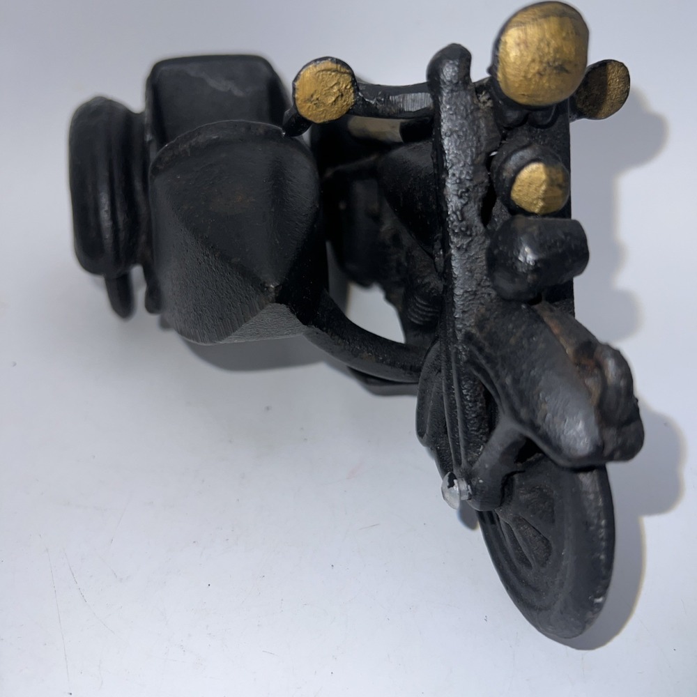 Vtg Style Cast Iron Black Motorcycle with Sidecar Figurine Antique Replica Decor